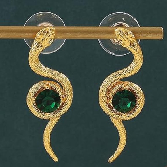 Gold Coiled Snake Green Stone Earrings 3D Snakes Modern Nature Boho Post New - Picture 5 of 7